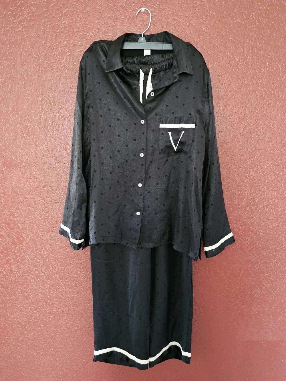 Victoria's Secret Black Satin Pajama Set with Cream Trim